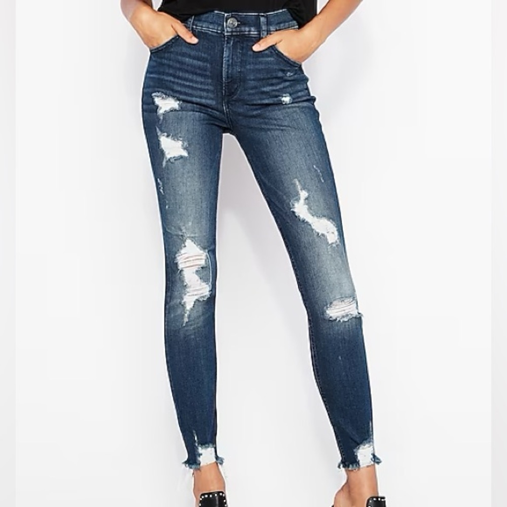 EXPRESS Distressed Denim Stretch + High Rise Ankle Jeans